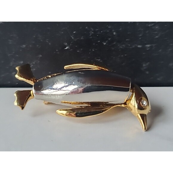 Penguin Two Toned Metal Rhinestone Eye Brooch Vintage Costume Jewelry - Picture 7 of 10
